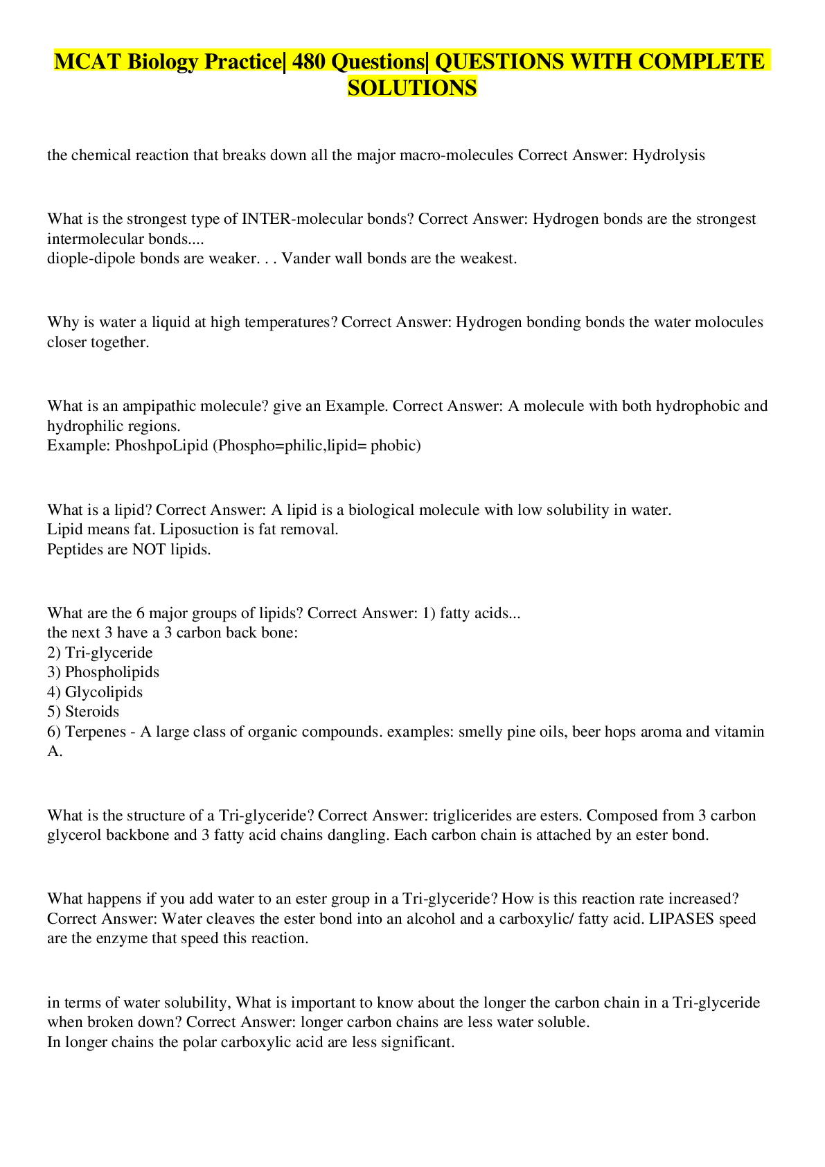 MCAT Biology Practice 480 Questions QUESTIONS WITH COMPLETE SOLUTIONS